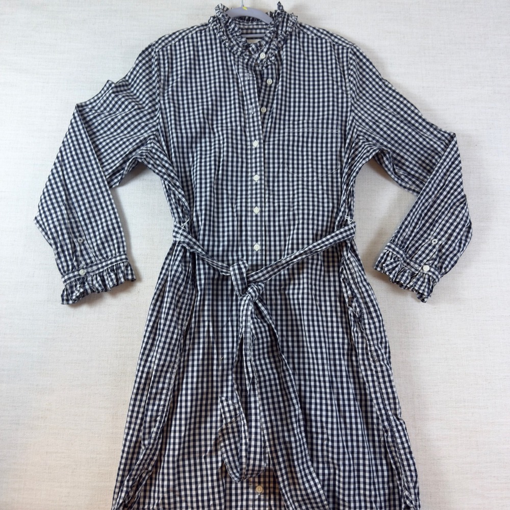 J.Crew Womens Gingham Shirt Dress Ruffle Collar Tie Waist Navy White Classic